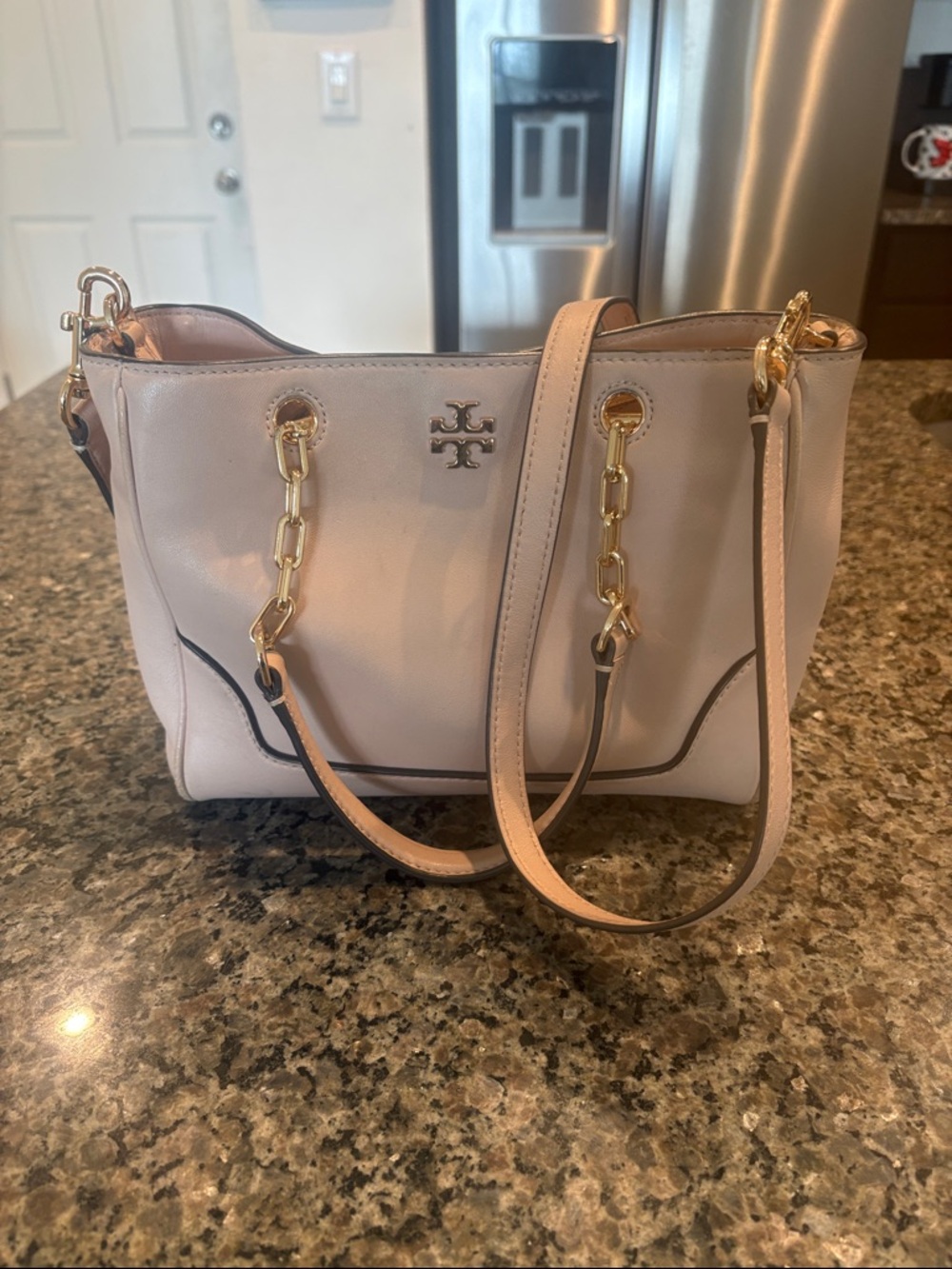 Tory Burch Blush Pink Leather Shoulder Tote with Gold Chain Accents